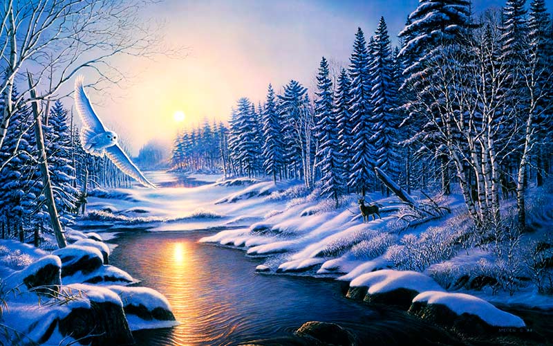 Pintura-paisaje-bonito-de-invierno-Atardecer-en-Invierno-James-Meger