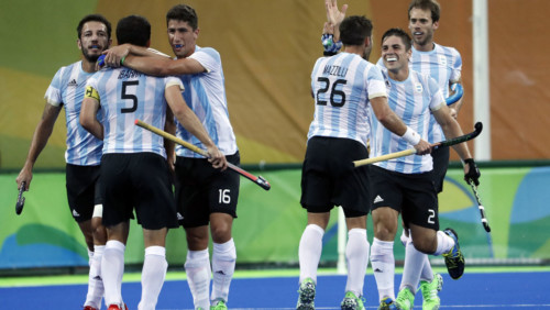 Players from Argentina celebrate after scoring against Belgium during a men's field hockey gold medal match at the 2016 Summer Olympics in Rio de Janeiro, Brazil, Thursday, Aug. 18, 2016. (AP Photo/Dario Lopez-Mills)