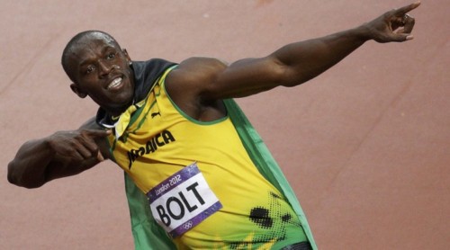 "Jamaica's Usain Bolt celebrates victory in the men's 100m final during the London 2012 Olympic Games at the Olympic Stadium August 5, 2012." *** Local Caption *** "Jamaica's Usain Bolt celebrates victory in the men's 100m final during the London 2012 Olympic Games at the Olympic Stadium August 5, 2012. REUTERS"